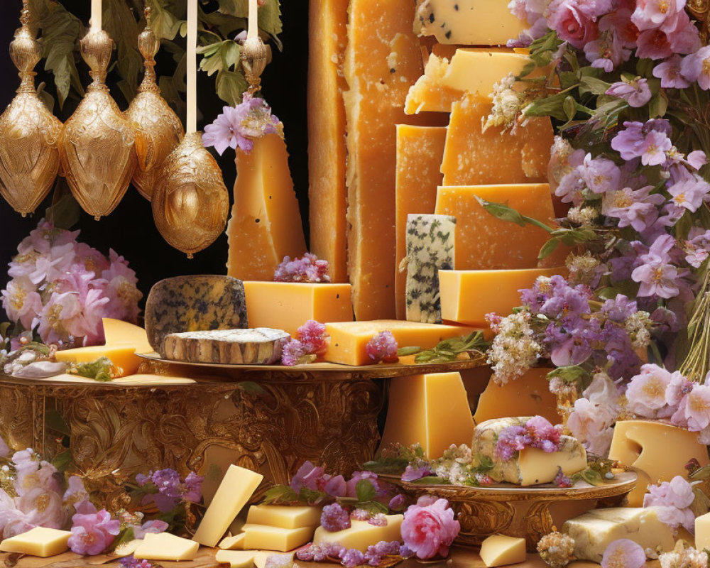 Cheese Platter with Flowers and Gold Ornaments