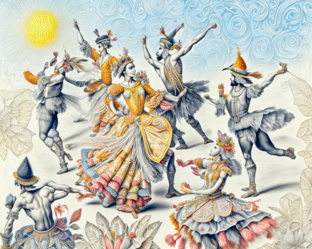 Detailed Mythological Figures Dancing Under Stylized Sun