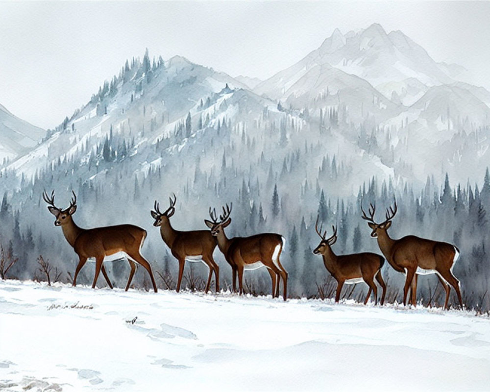 Deer group with snowy mountains in watercolor art