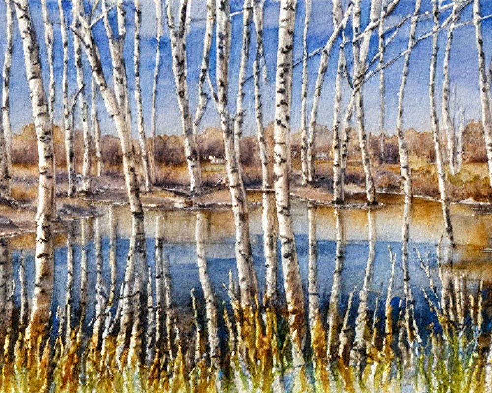 Tranquil watercolor painting of serene pond and birch trees