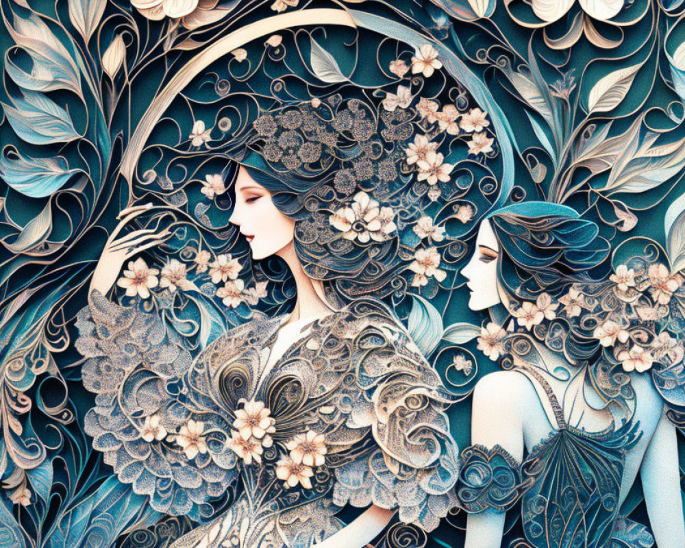 Detailed stylized illustration of two women in intricate floral patterns in blue hues