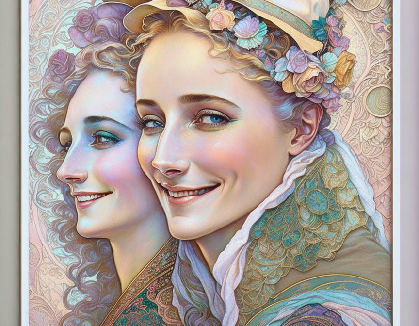 Two Smiling Women Artwork with Intricate Hair Accessories