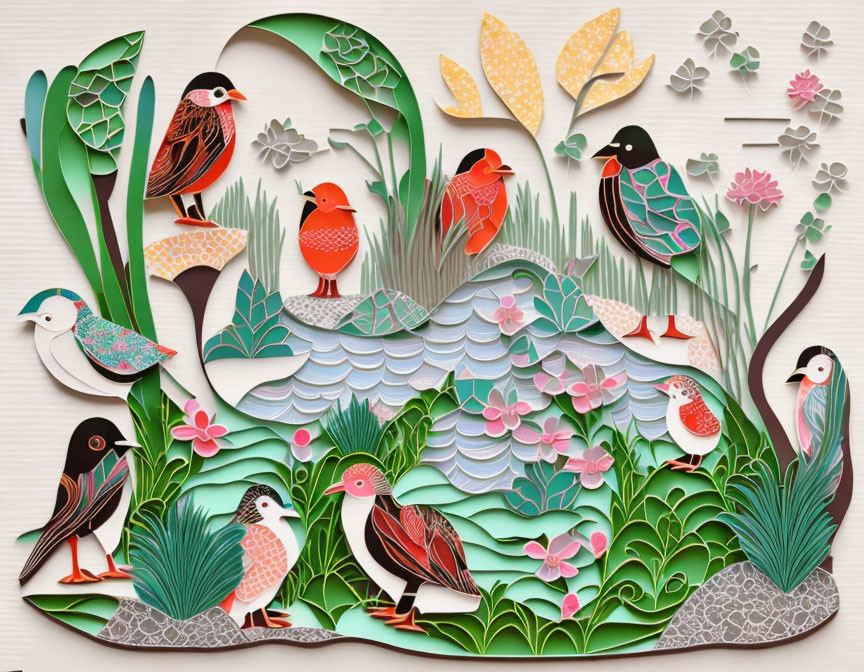 Vibrant paper art scene with stylized birds, foliage, flowers, and waves