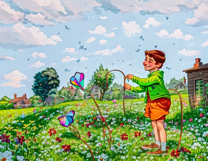 Joyful boy with pinwheel in lush meadow under blue sky with birds.