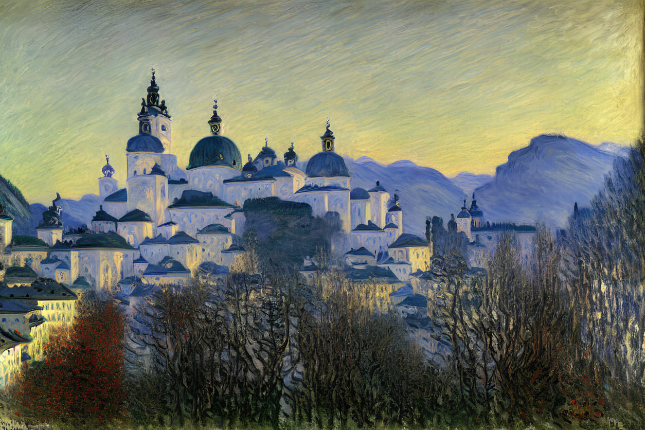 Historical town painting with church domes and spires in twilight landscape