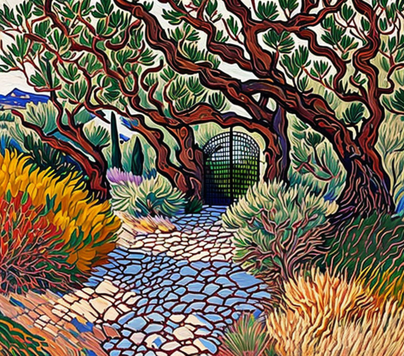Colorful painting of twisted tree, cobblestone path, gate, and vibrant vegetation under bright sky