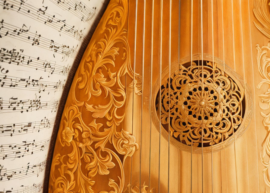 Ornate wooden lute with intricate carvings beside classical music sheet