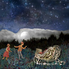 Whimsical painting of two figures by golden carriage under starry night sky