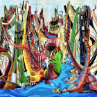Vibrant painting of boats at quay with colorful buildings