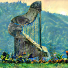 Serene artwork of woman playing harp in nature landscape