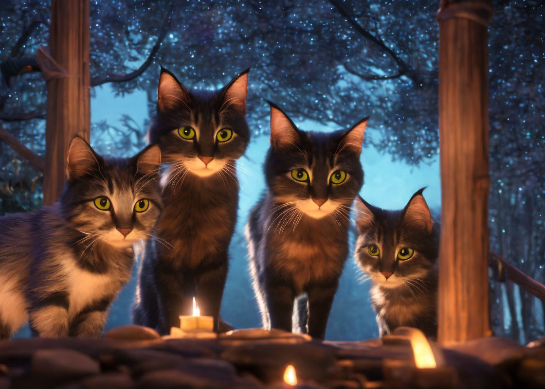 Four cats with green eyes around a candle in night scene
