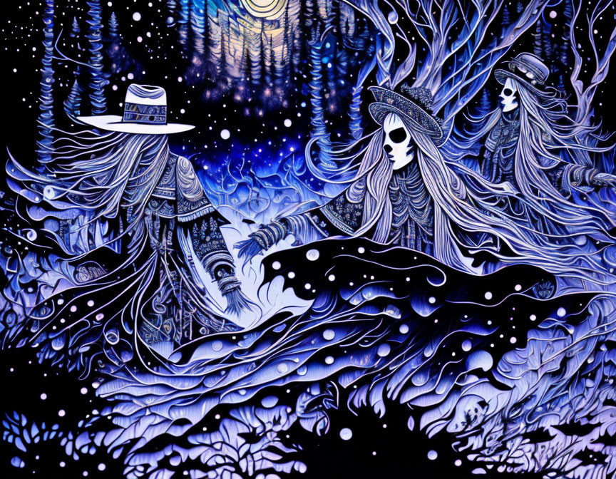 Three spectral figures in flowing robes and hats in a mystical moonlit blue forest.