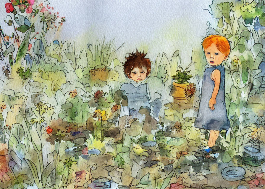 Two somber children in a colorful, cluttered garden setting
