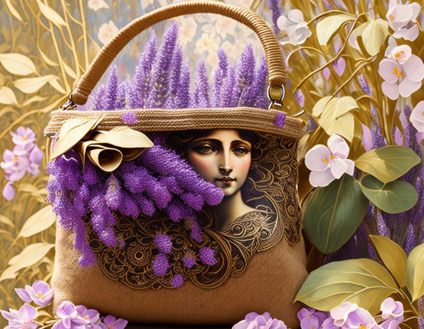 Classic Portrait Adorned Handbag with Purple Flowers on Floral Background