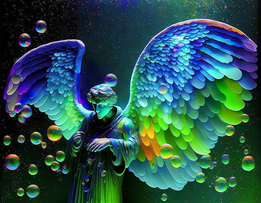 Colorful Angel Illustration with Iridescent Wings and Cosmic Background