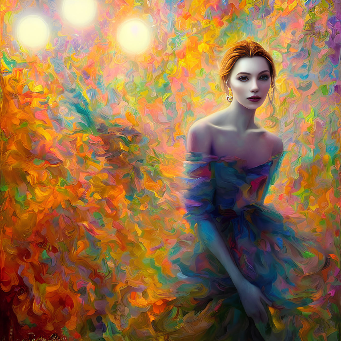 Elegant Woman Surrounded by Vivid Swirling Colors