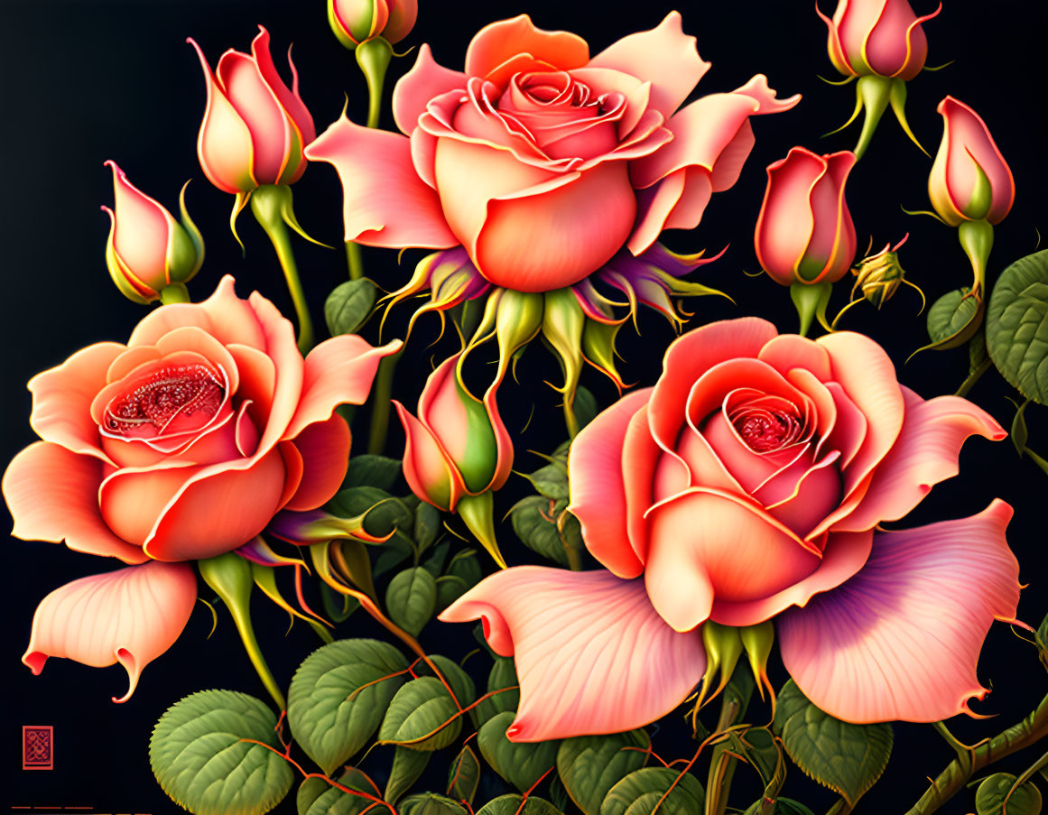 Detailed Illustration of Red and Pink Roses in Full Bloom