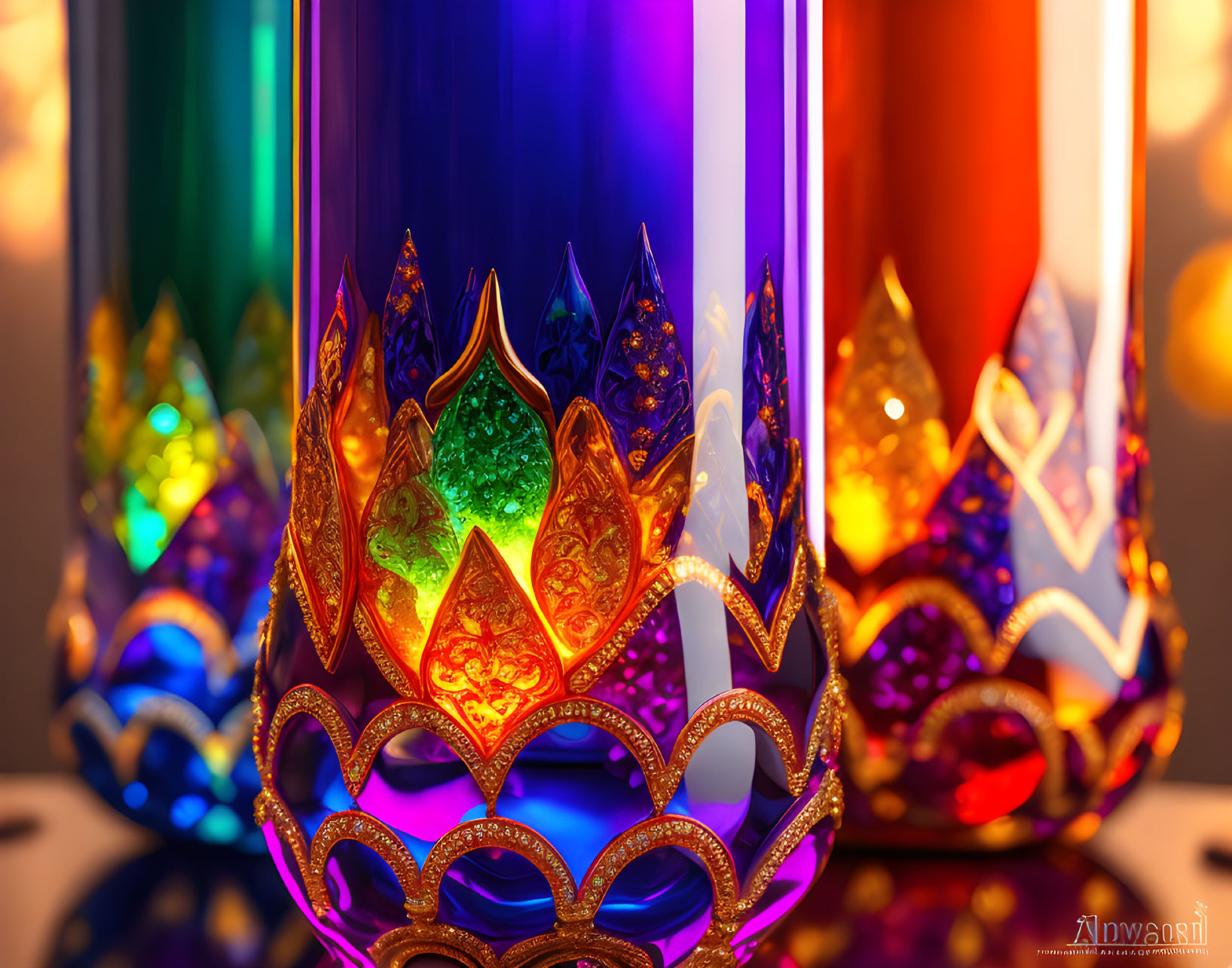 Vibrant Stained Glass Lanterns with Golden Patterns and Warm Illumination