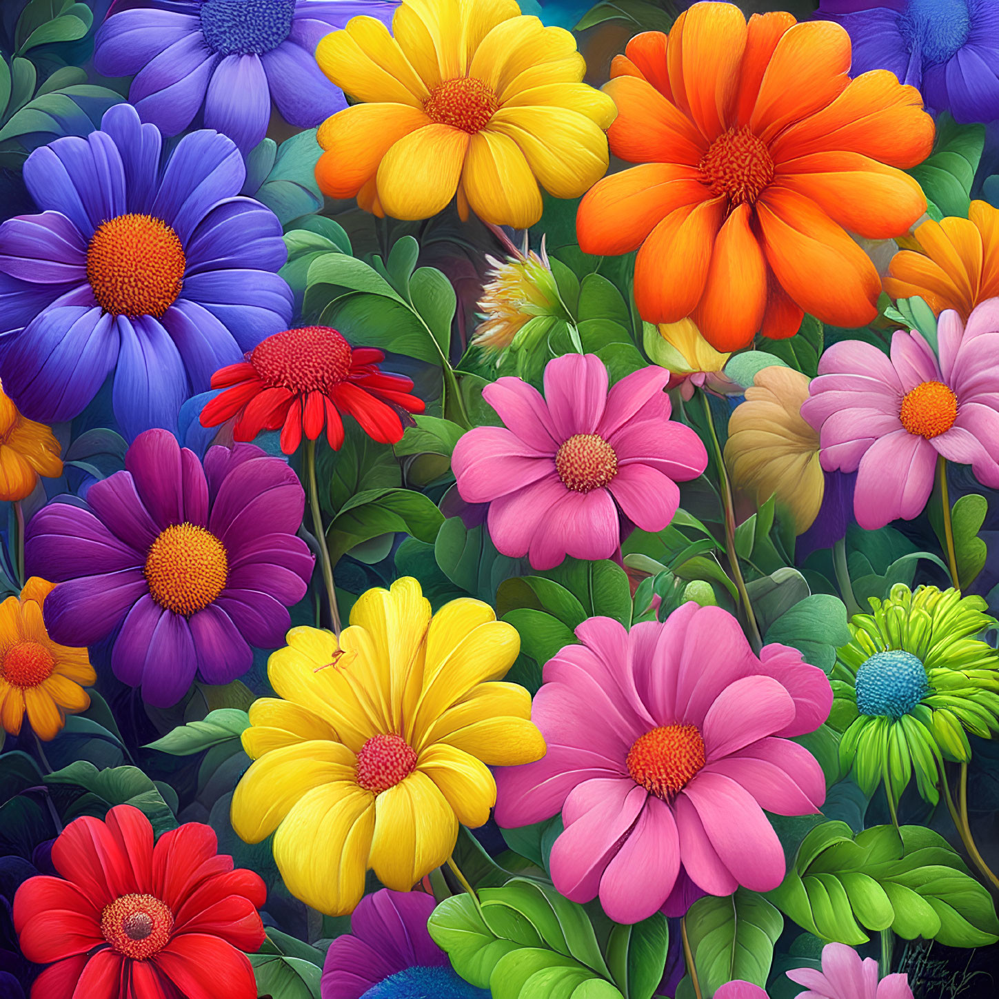 Colorful Array of Purple, Yellow, Orange, Red, and Pink Flowers with Lush Green Leaves