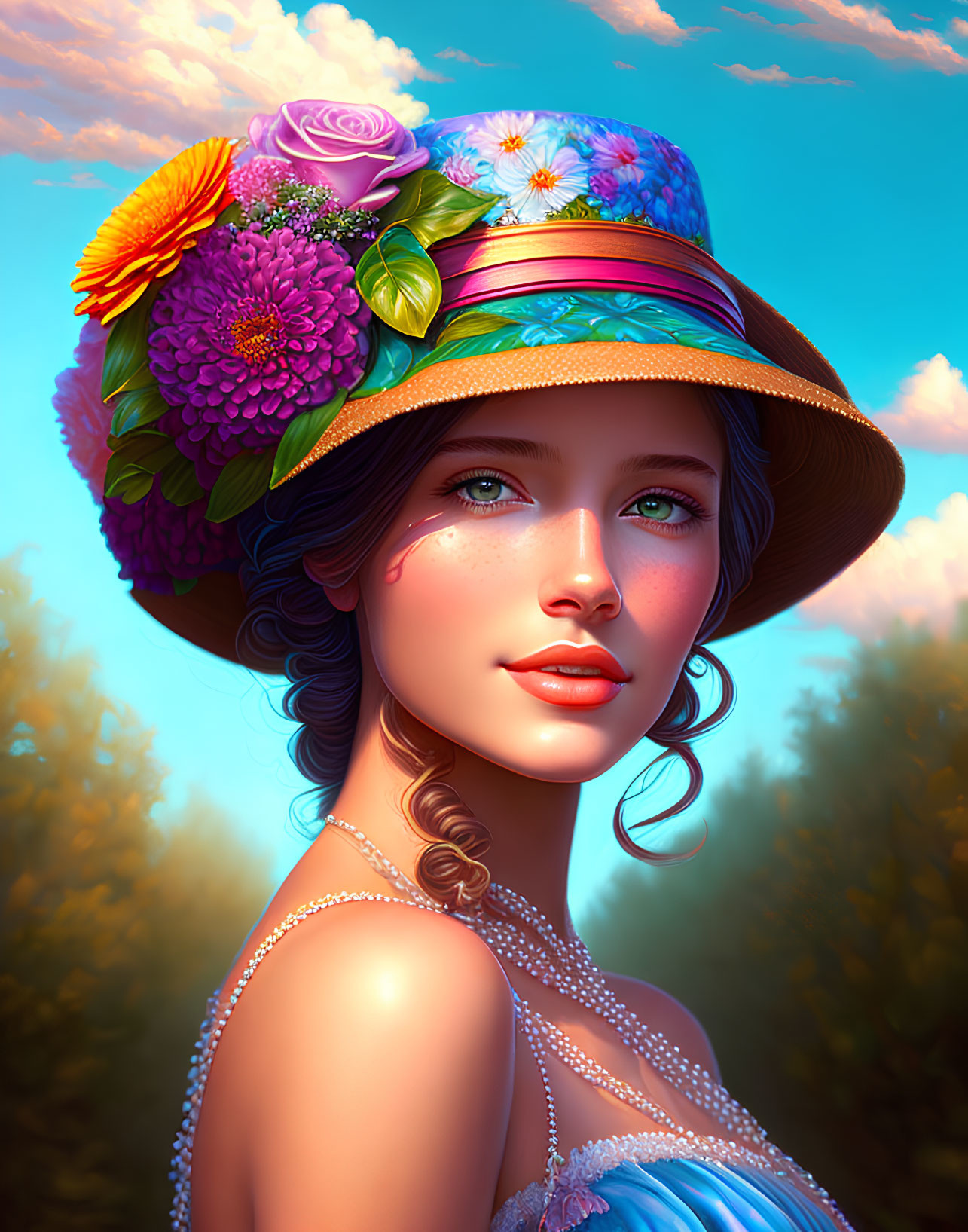Colorful digital artwork of a woman in a floral hat and blue dress with blue eyes, set in