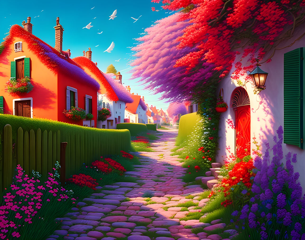 Colorful cottages and flowering trees on village street at twilight