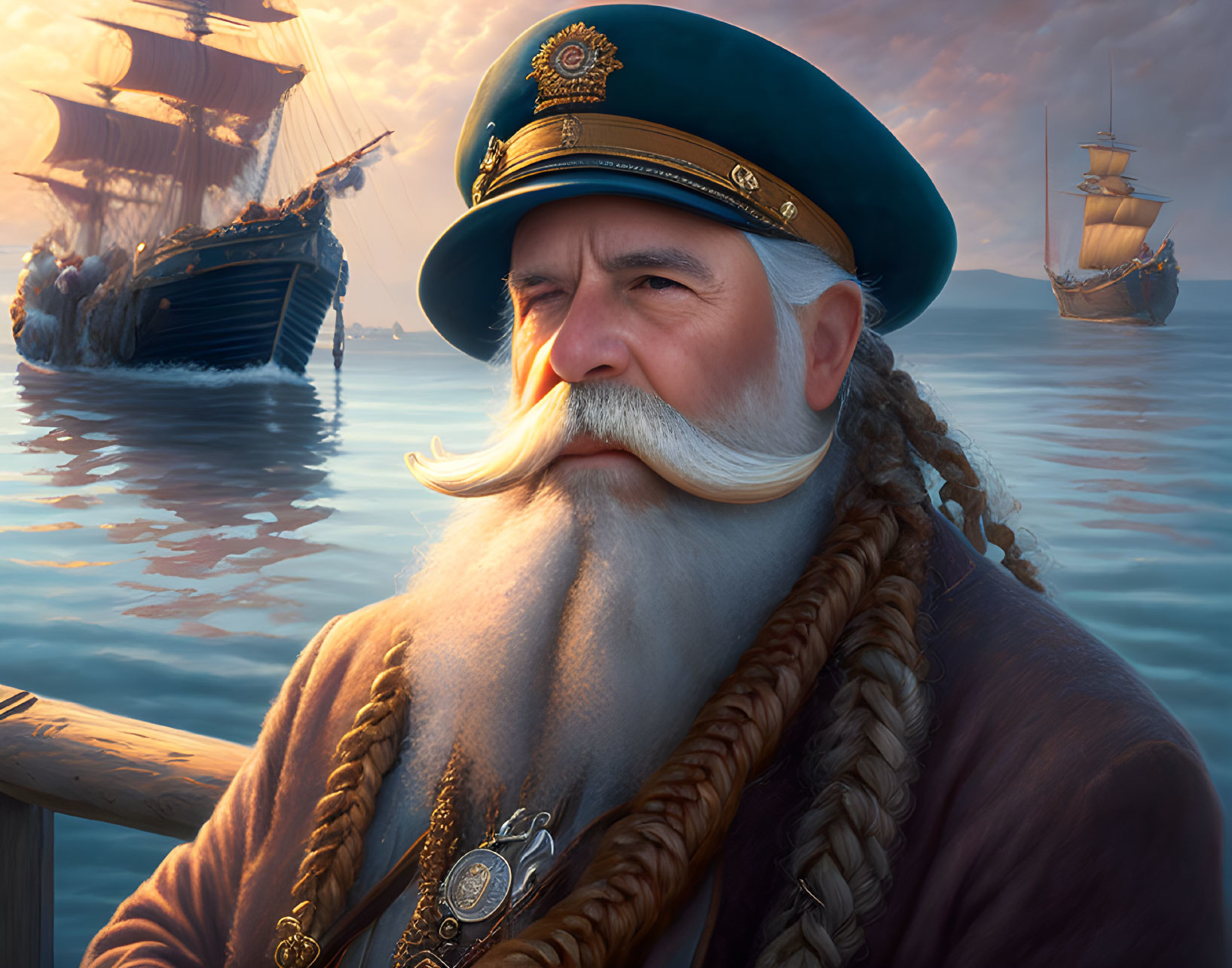Illustration of sea captain with white beard and braids on calm sea at sunset