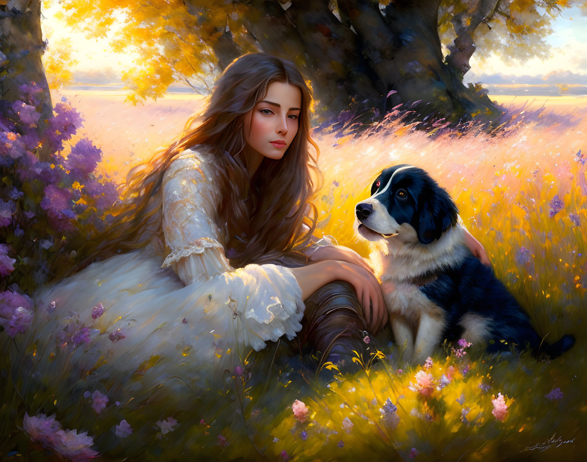 Woman in White Dress with Black and White Dog Among Purple Flowers