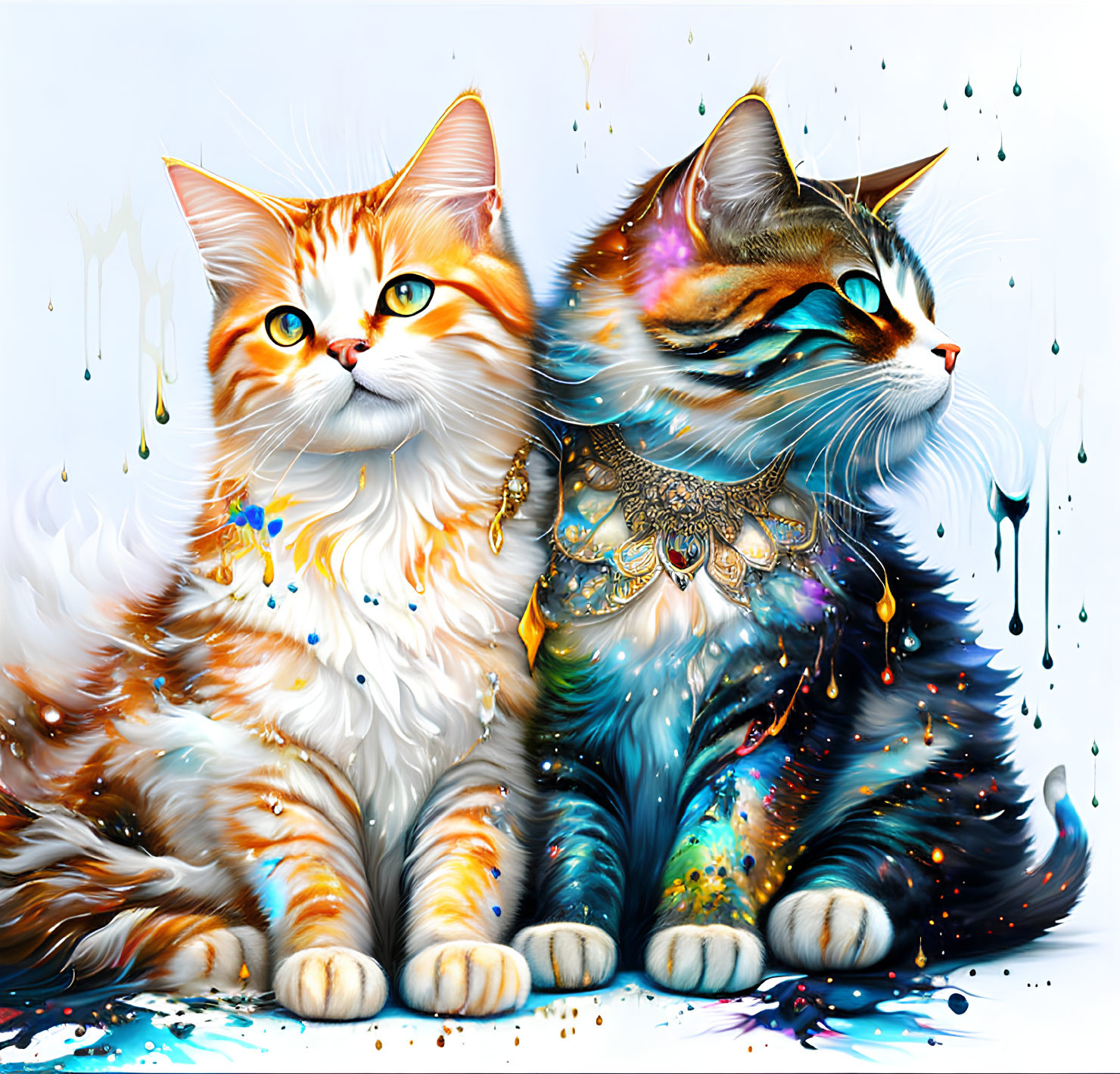 Vibrantly colored artistic renderings of cats with intricate patterns and jewelry on white backdrop