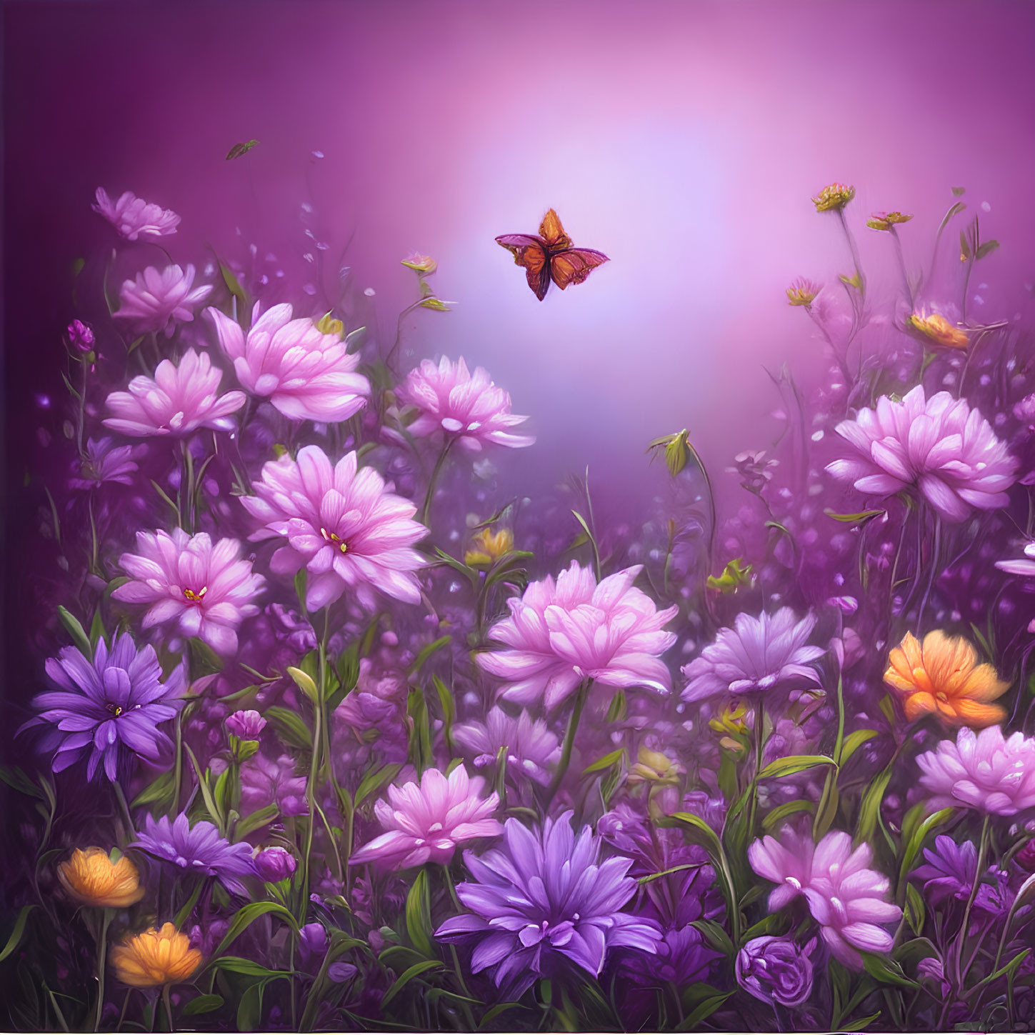 Purple flowers in full bloom with soft focus and a butterfly in flight in a mystical purple glow