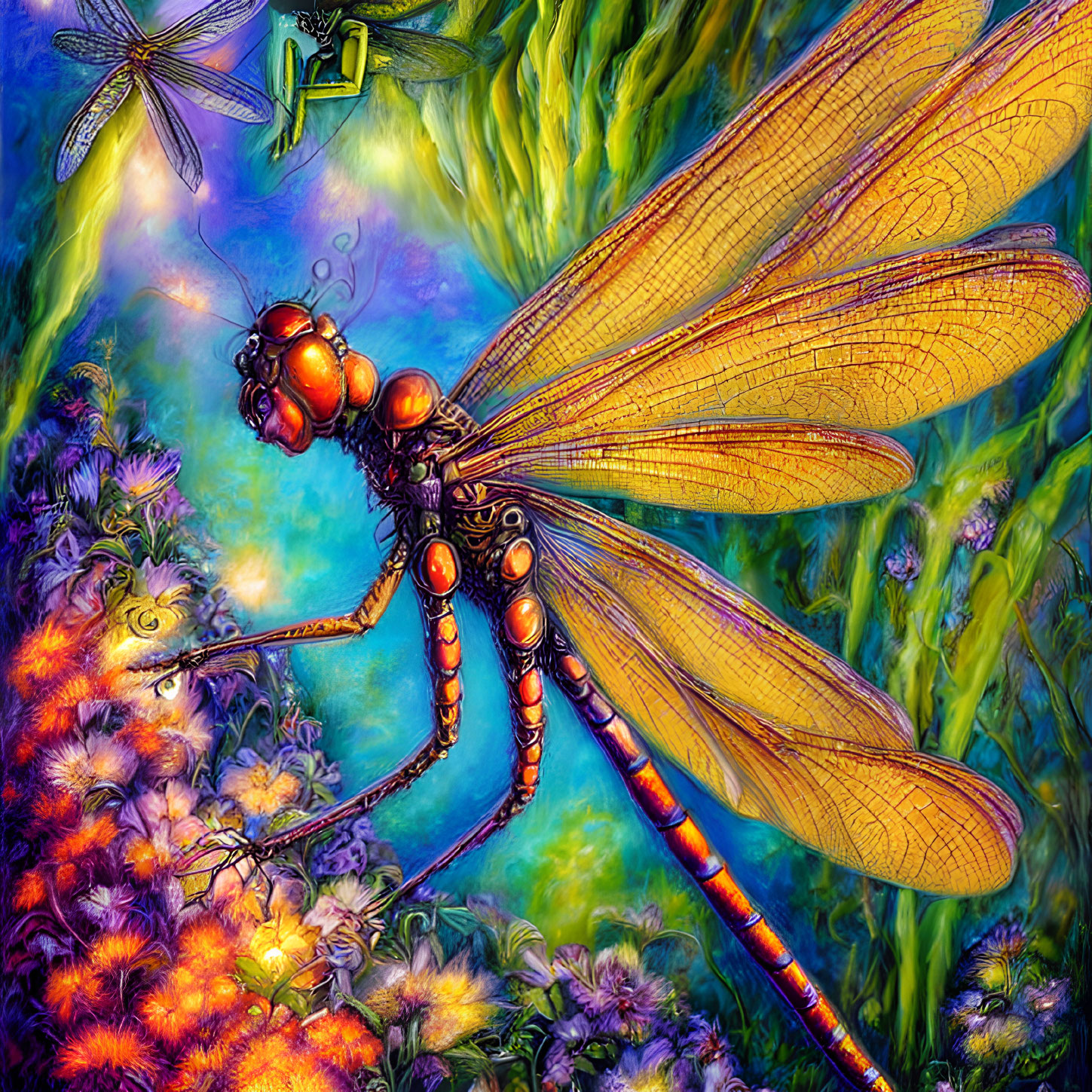 Colorful Dragonfly Illustration on Flora with Fantasy Background