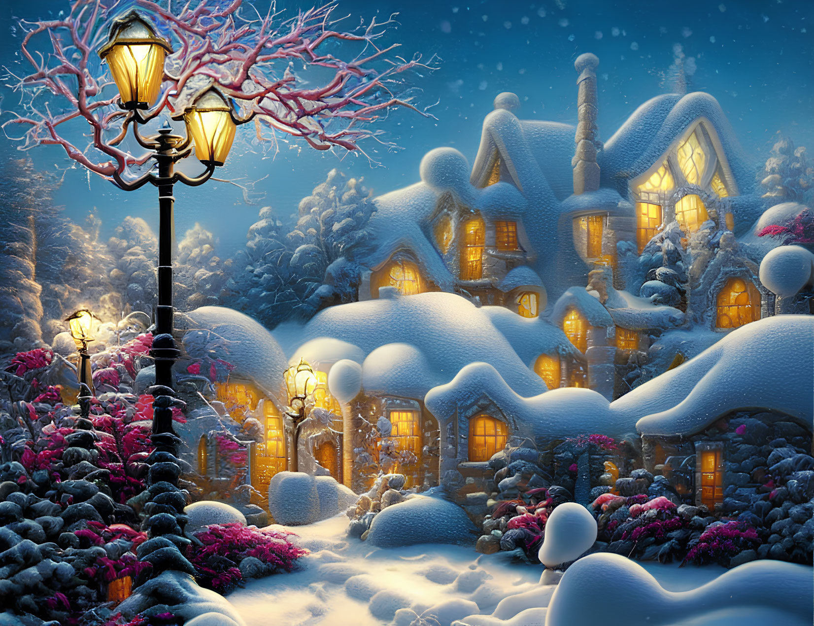Snow-covered cottage with glowing windows amidst snowy trees and lit lamppost.