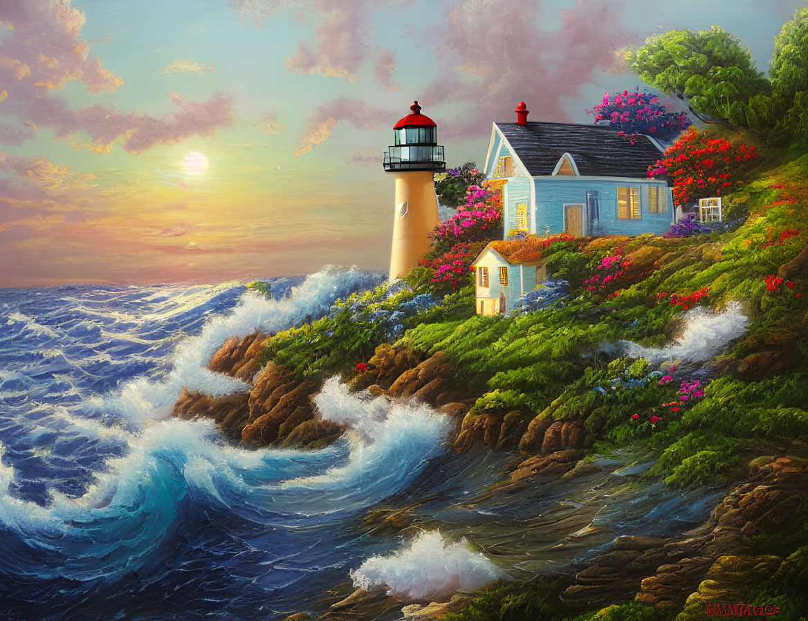 Picturesque lighthouse on rocky cliff with cottage and blooming flowers under warm sunset sky