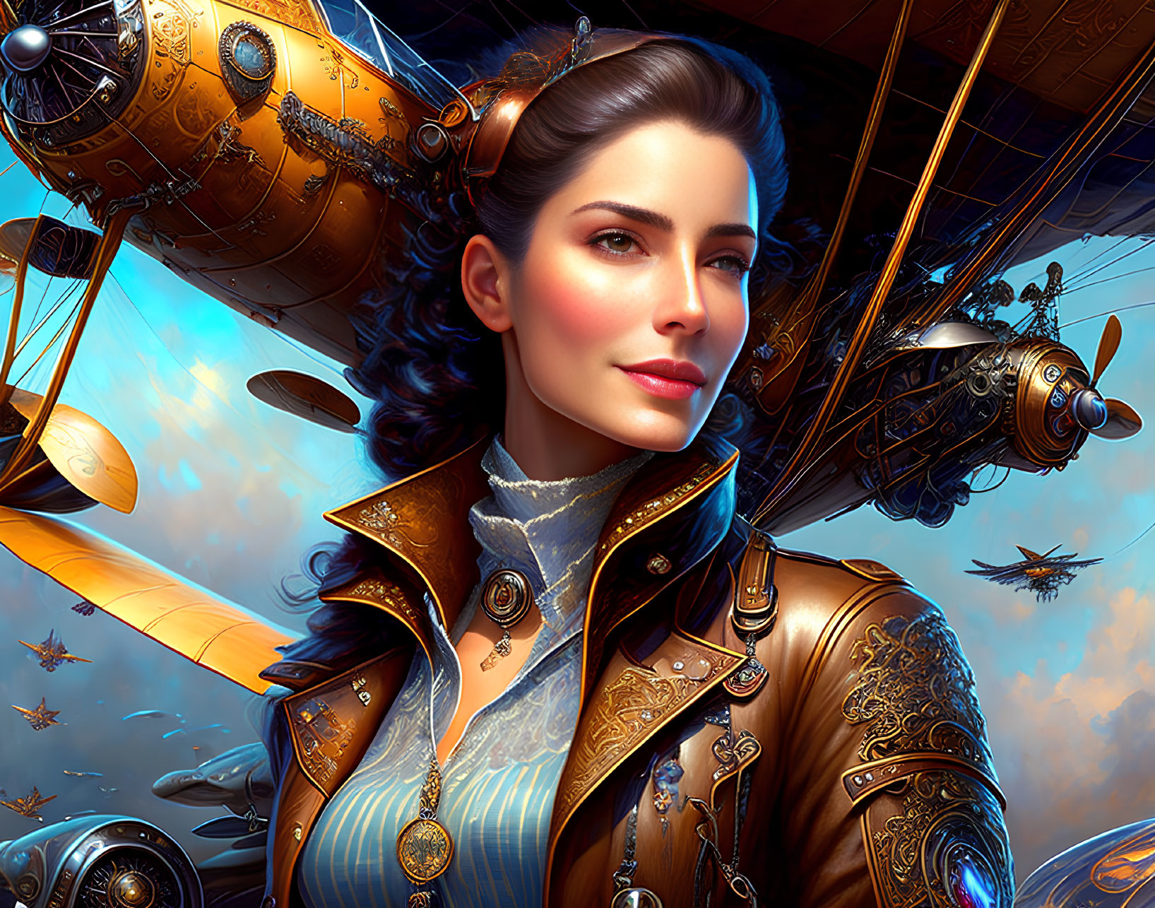 Steampunk-themed woman posing with airships in background