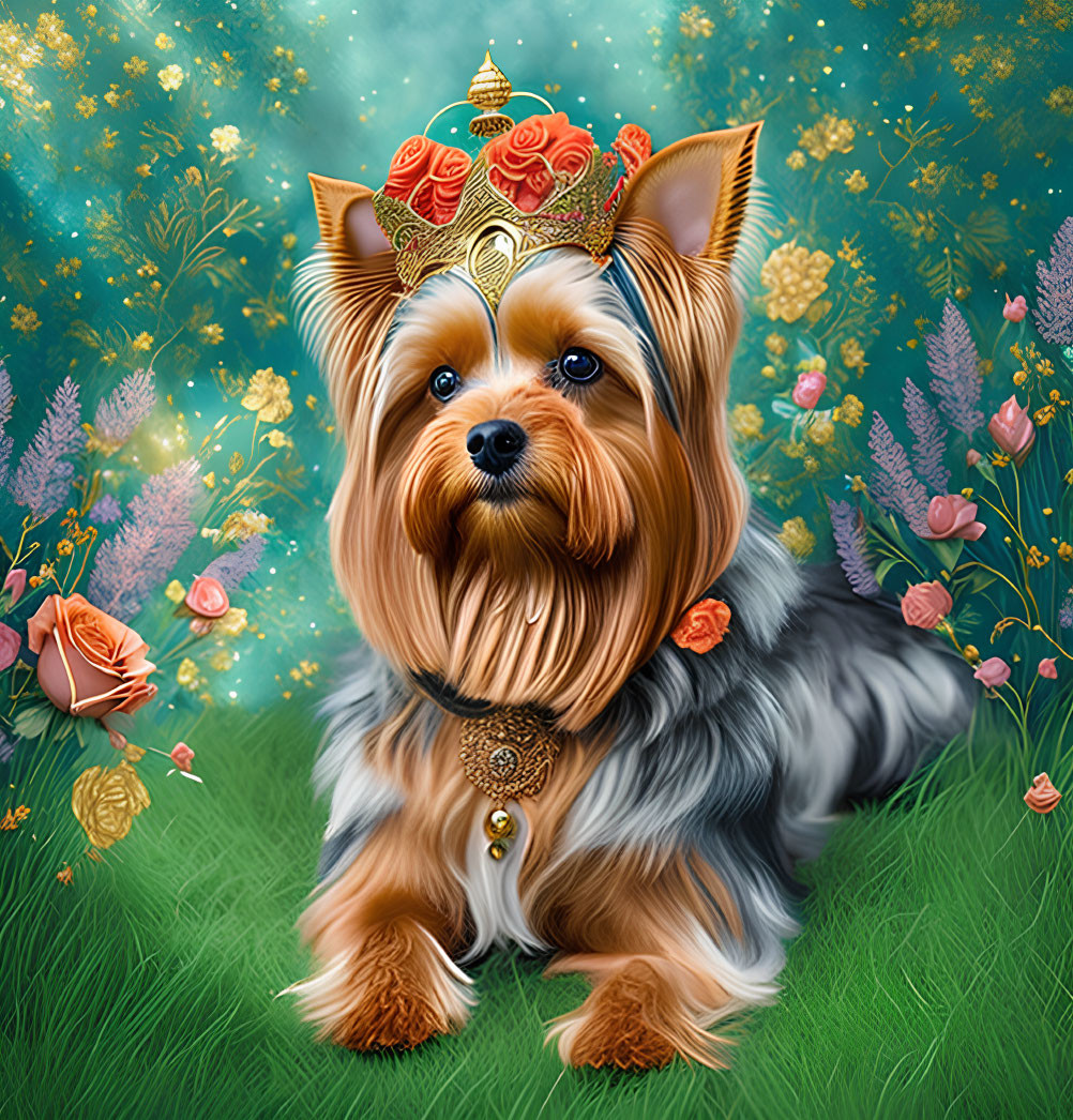 Royal Yorkshire Terrier with crown and jewelry in flower field