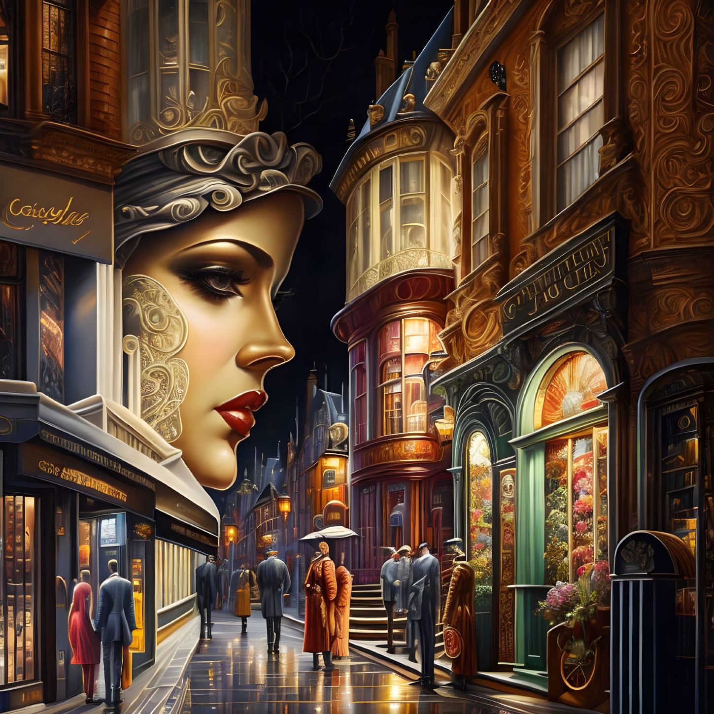 Colorful artwork: Woman's profile merges with cityscape at night