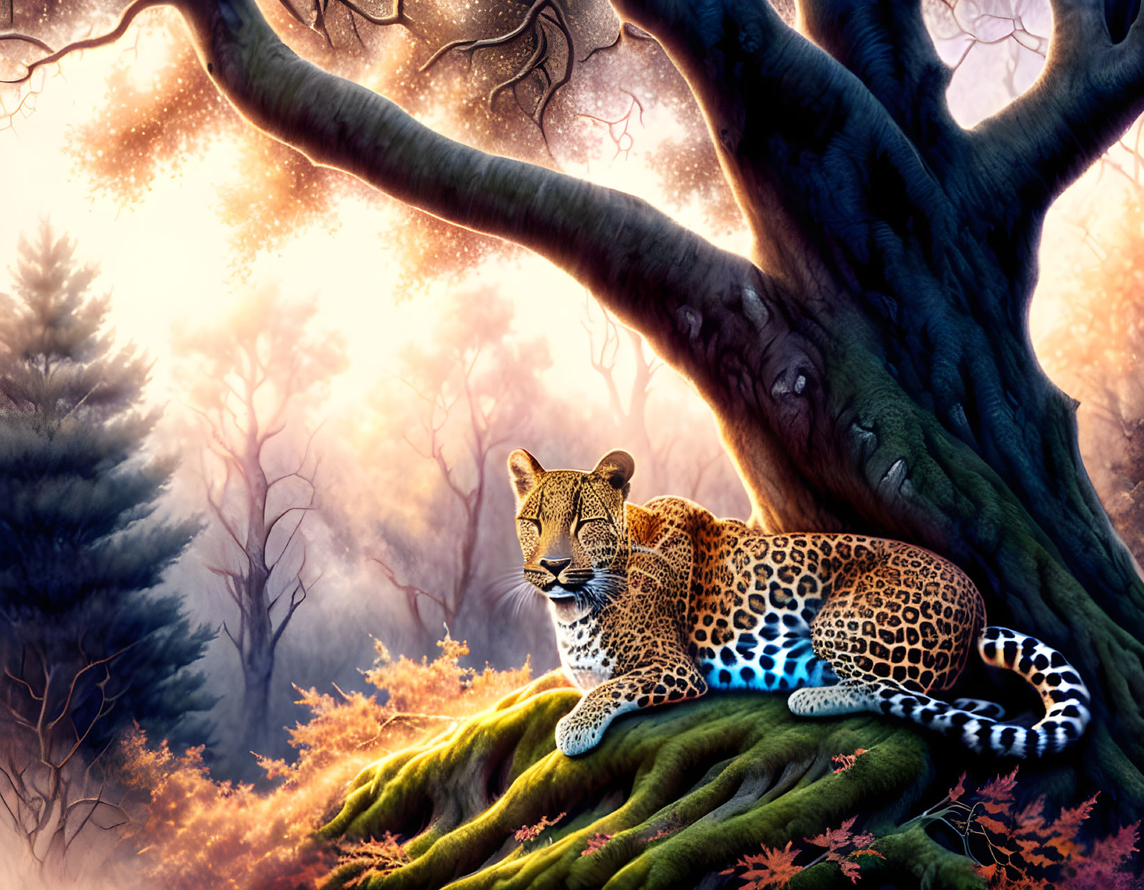 Majestic leopard resting on moss-covered roots in enchanted forest