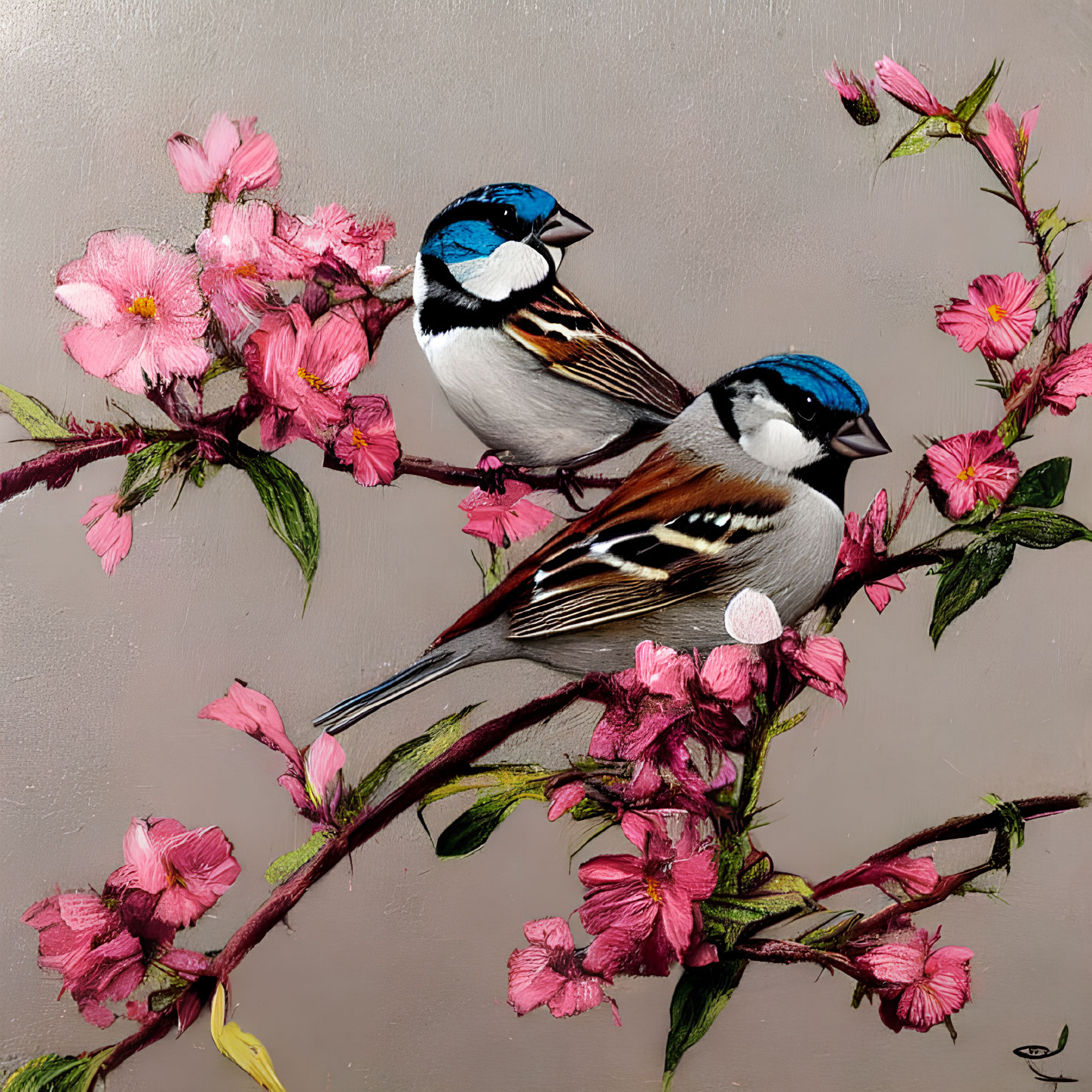 Vibrant blue-capped birds with white cheeks on pink blossom branches