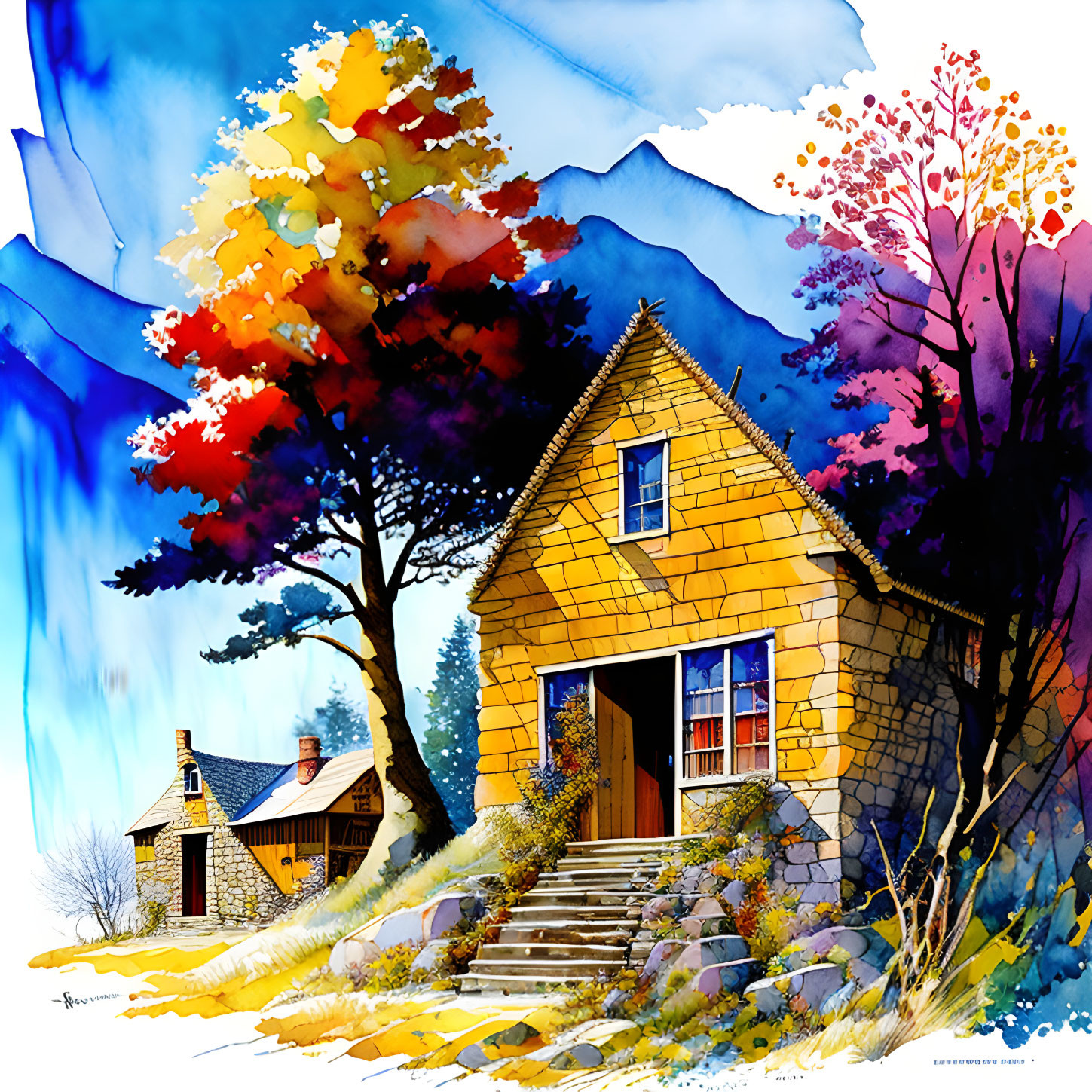 Colorful autumn forest watercolor painting of stone cottage nestled in mountains