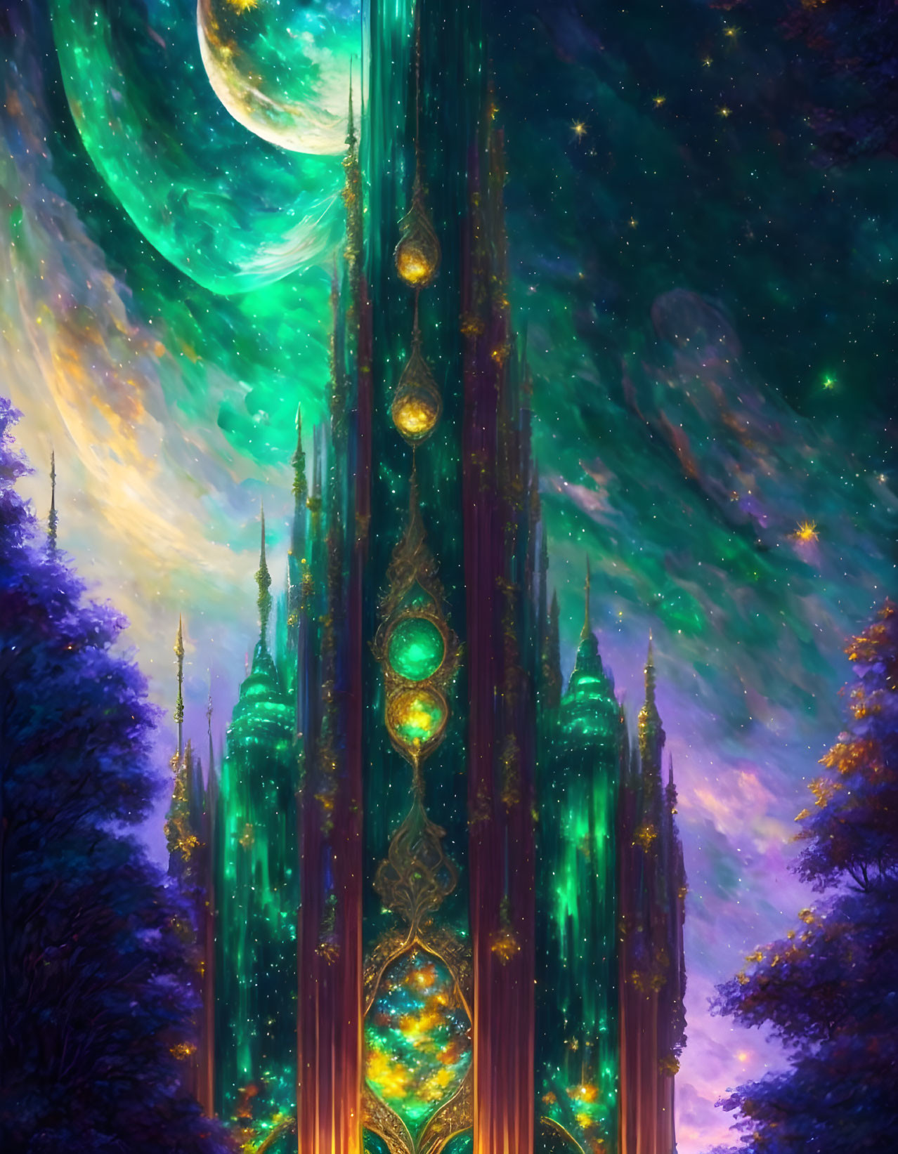 Fantasy artwork: tall spires, glowing windows, green moon in starry sky