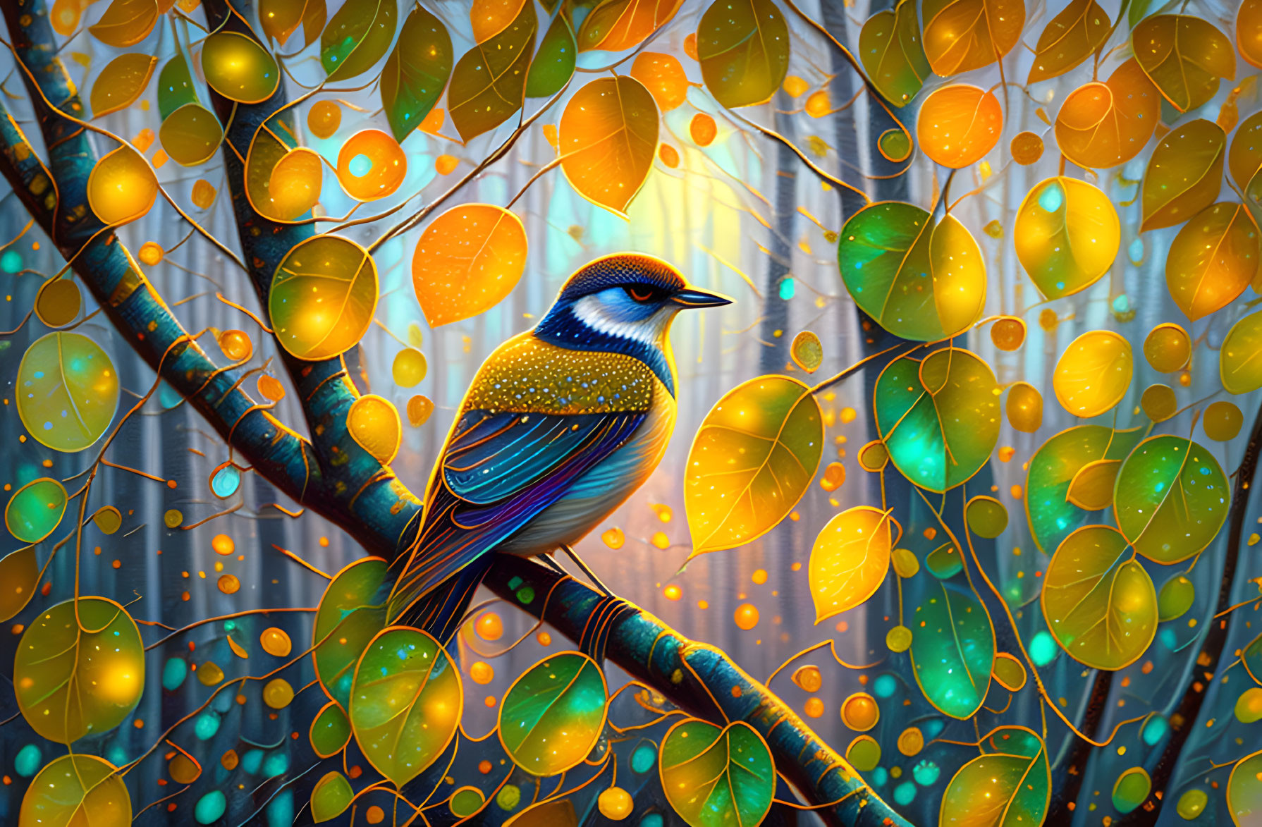 Colorful bird on branch with golden leaves and shimmering light - fantasy meets nature