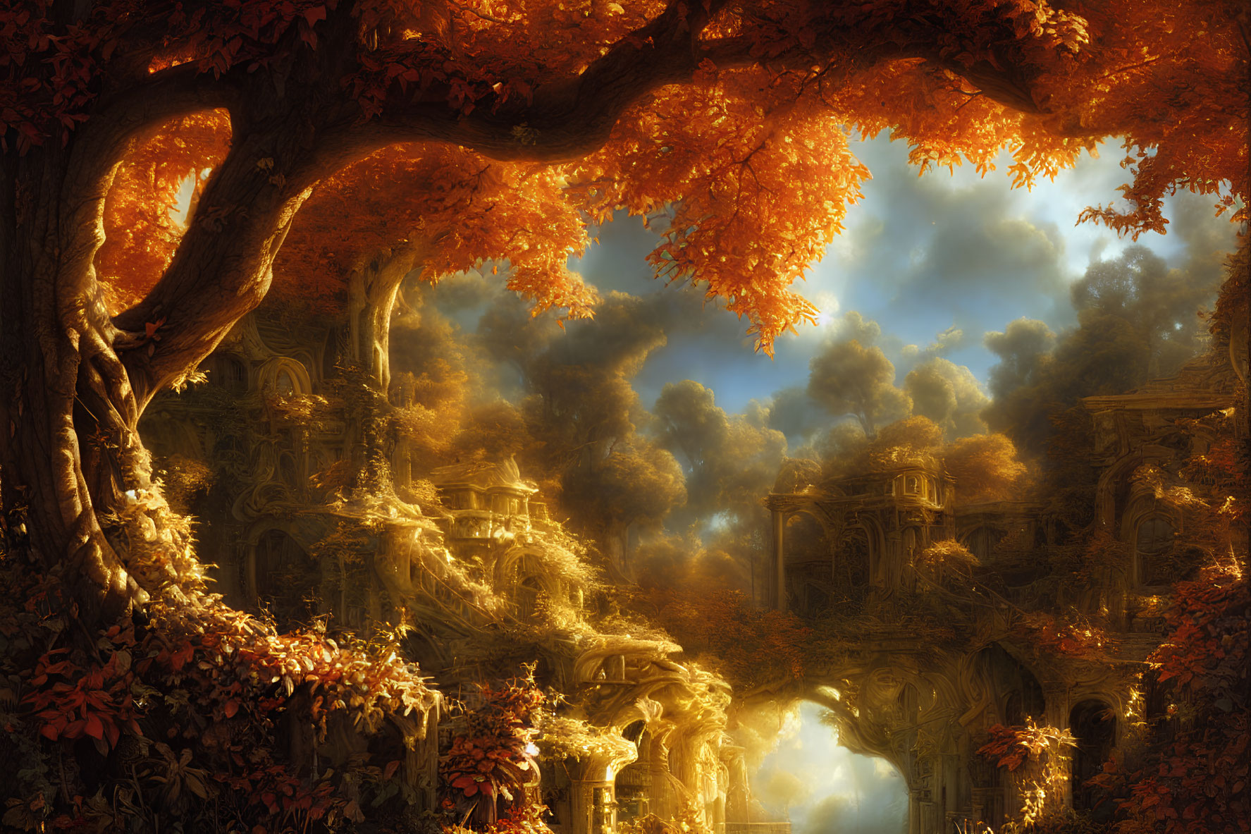 Golden autumn forest and ancient overgrown ruins in warm light