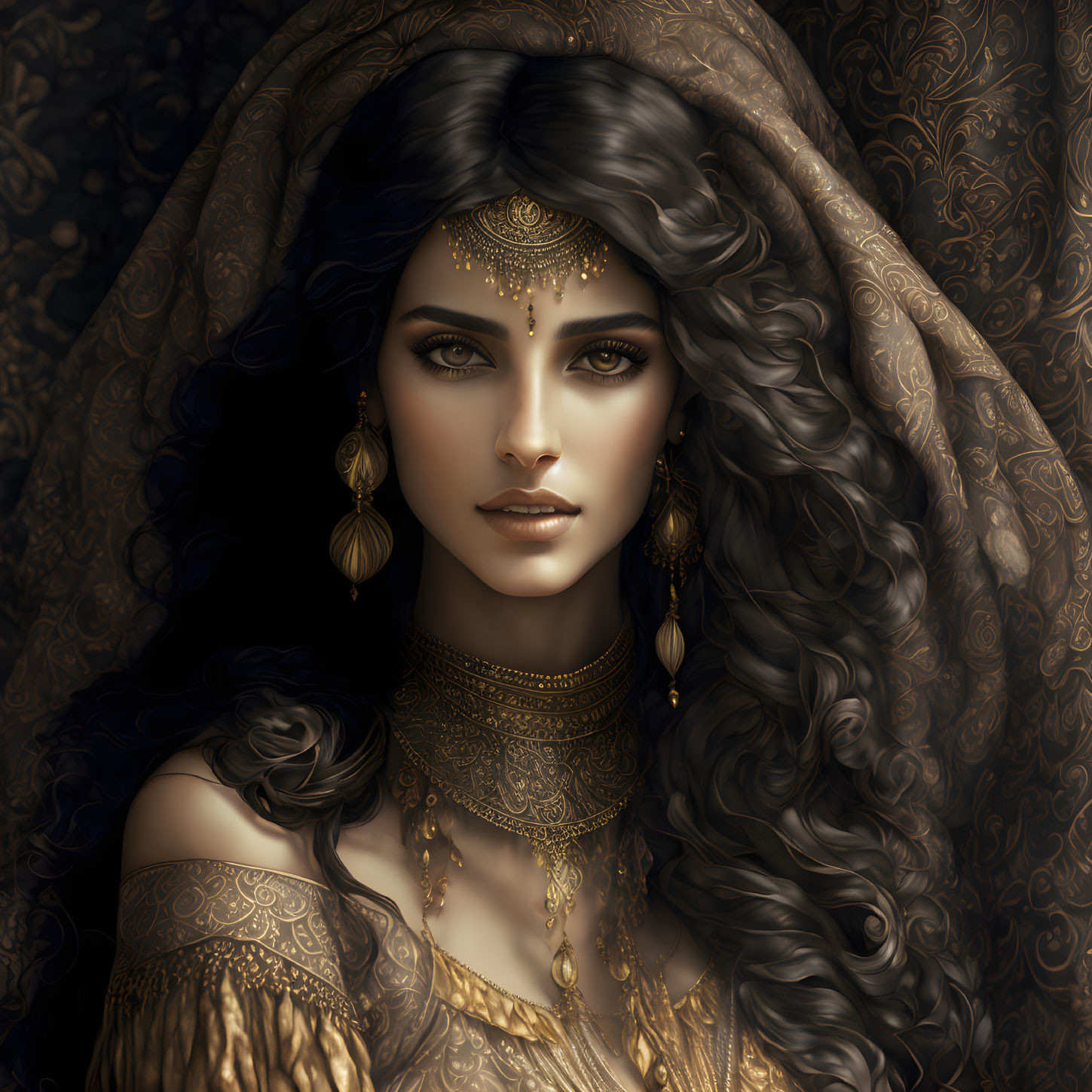 Detailed illustration of woman in ornate attire with golden jewelry and hooded cloak