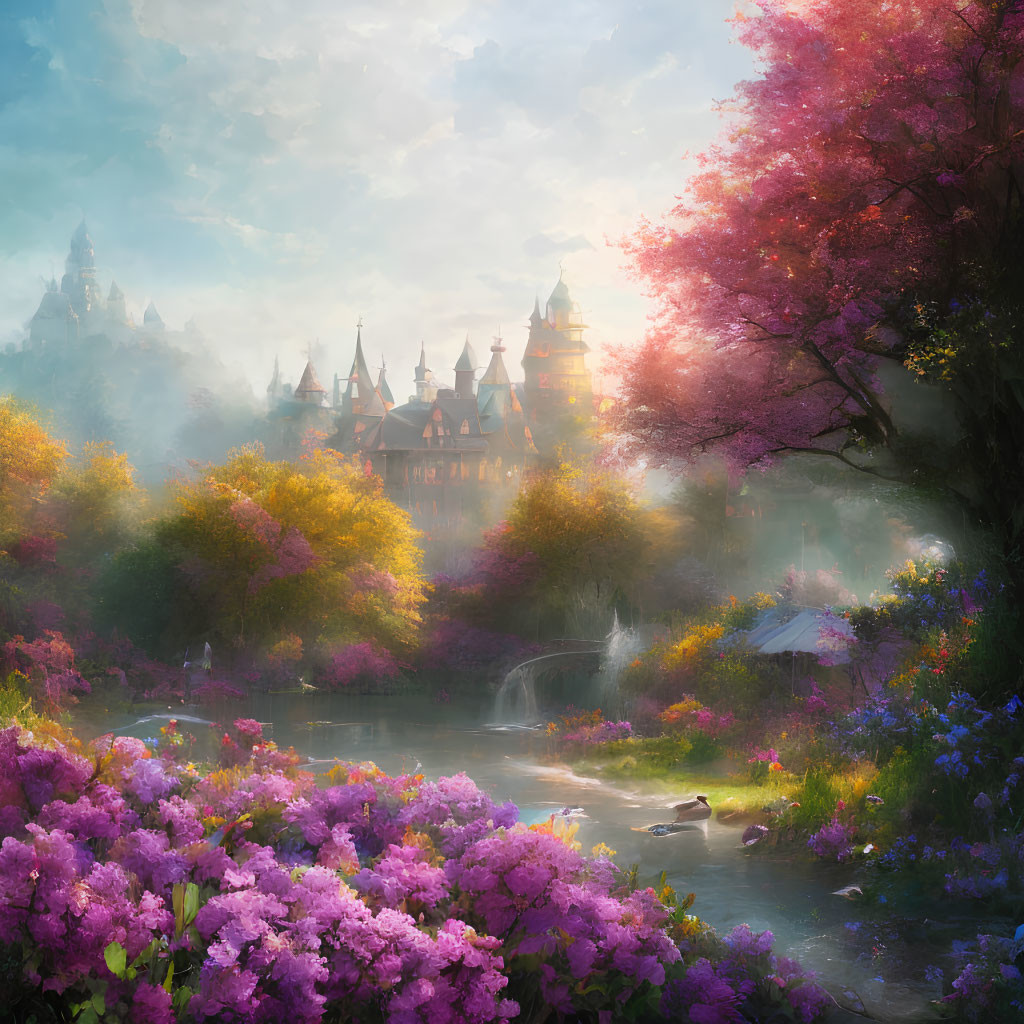 Colorful Fantasy Landscape with Castle, Blooming Trees, Pond, and Ethereal Light