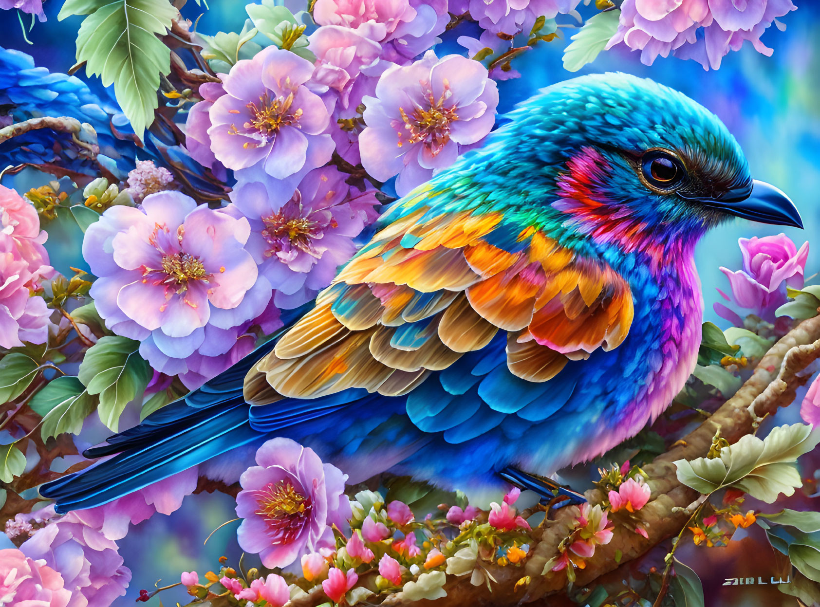 Colorful Bird Surrounded by Cherry Blossoms in Tranquil Scene