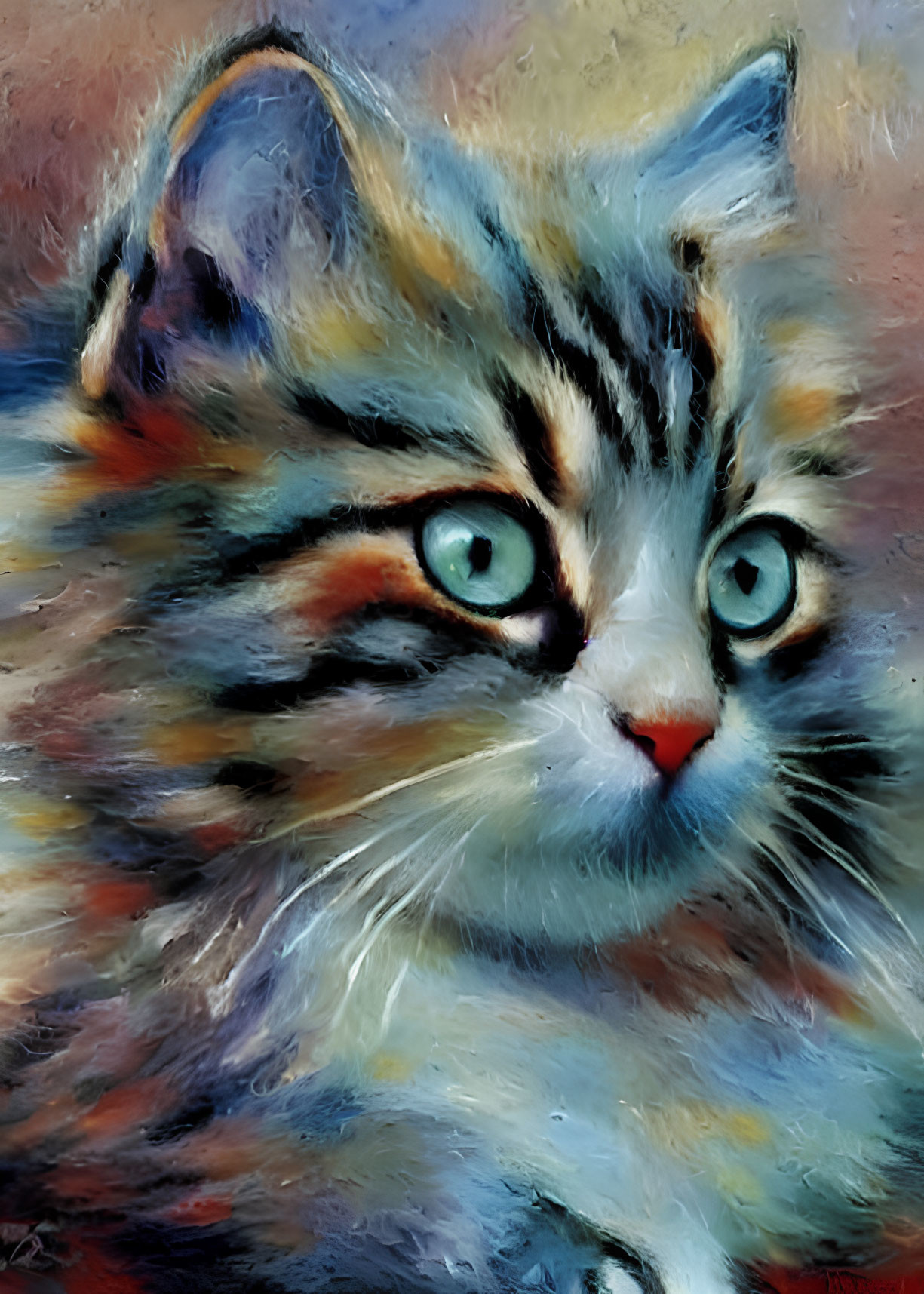Fluffy gray tabby kitten with blue eyes and pink nose in digital painting