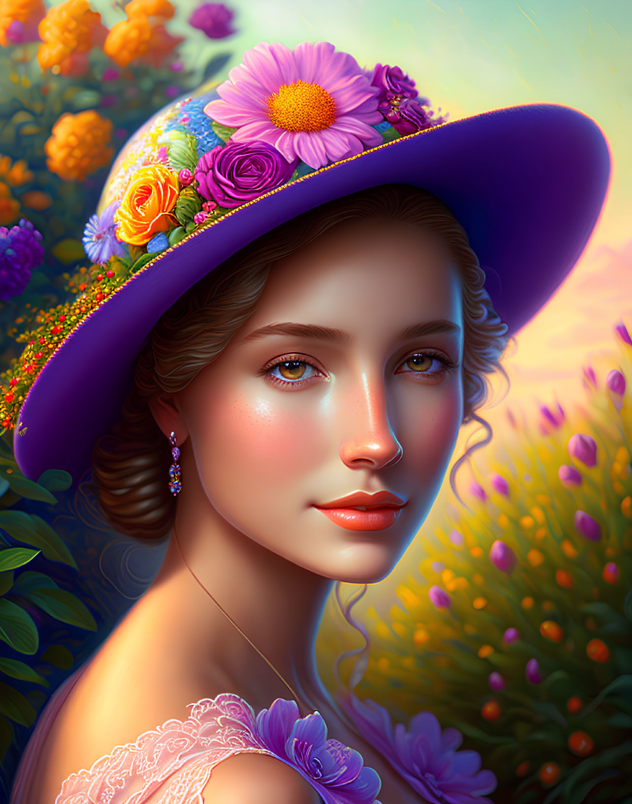 Woman portrait with floral hat against serene backdrop
