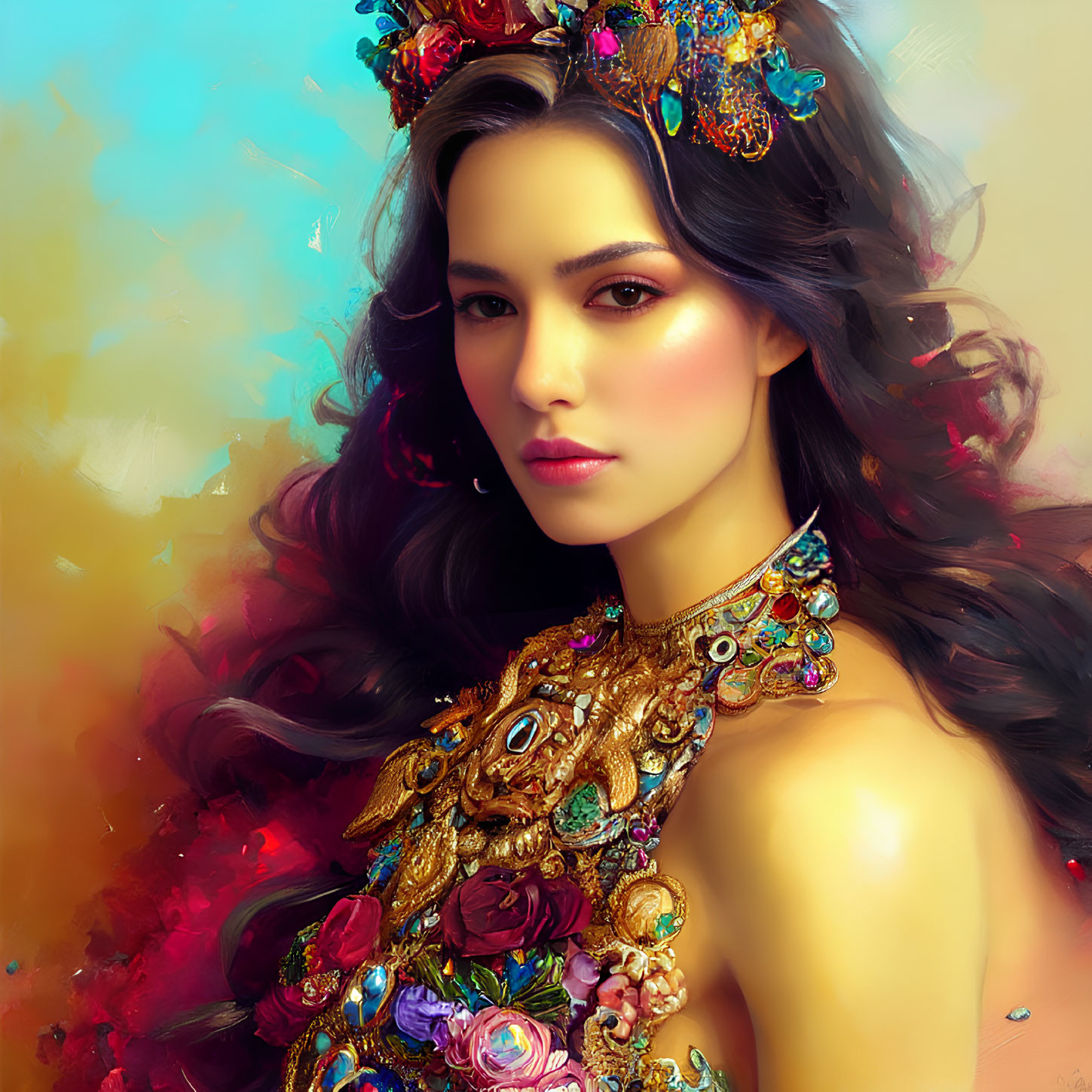 Woman's portrait with dark hair, jeweled crown & collar on pastel background
