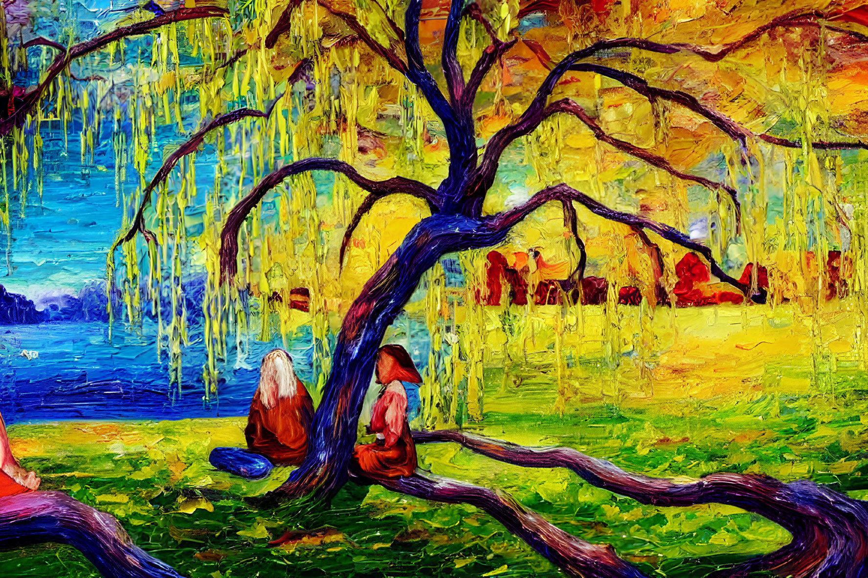 Colorful oil painting of two figures under twisted tree with dripping foliage and lake view