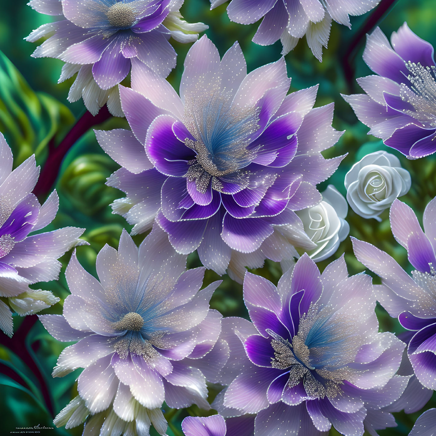Vibrant Purple Flowers with White Highlights and Stamen Details Among Green Foliage