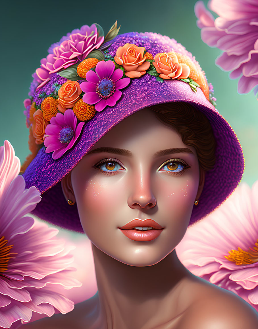Detailed Digital Portrait of Woman in Purple Hat with Flowers and Pink Petals